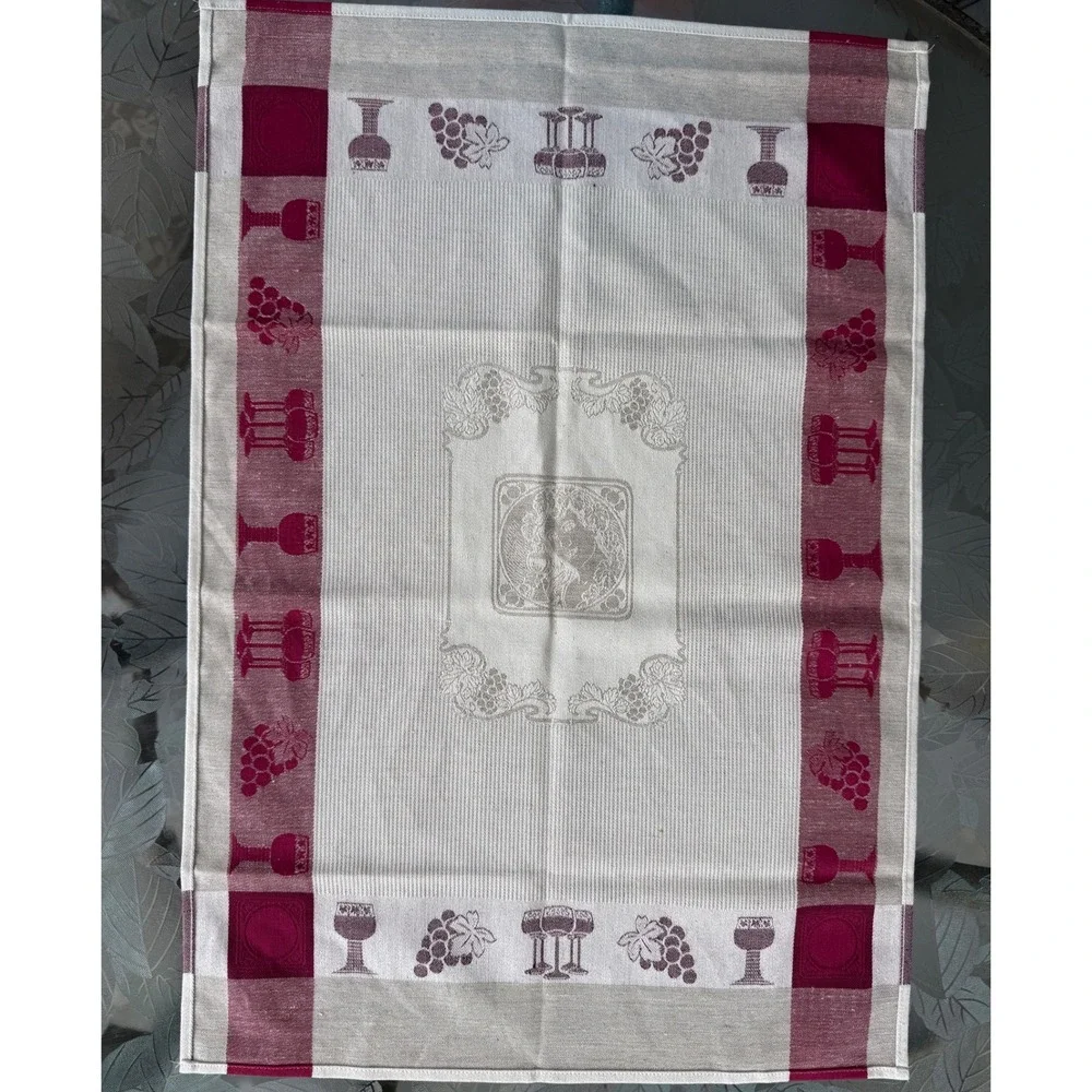 Vintage Jacquard Tea Towel Wine Grapes Burgundy Cream Cotton Linen Kitchen Decor